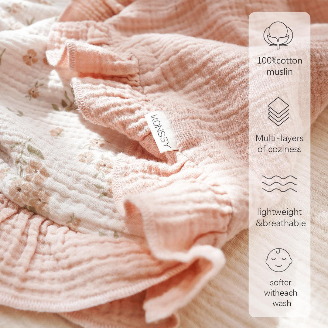 Konssy 100% Cotton Muslin Baby Blanket with Ruffle Trim for Girls, 43"x39" Reversible Design, Ultra Soft & Lightweight, for Swaddling, Crib, Stroller & Nursery Use, from Newborn to Toddler