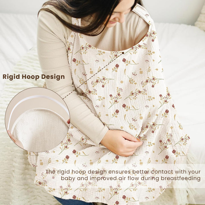 Konssy Muslin Nursing Cover Up for Breastfeeding with Rigid Hoop 100% Cotton Nursing Apron, Lightweight & Breathable, Carseat Canopy, Breast Feeding Covers for Women