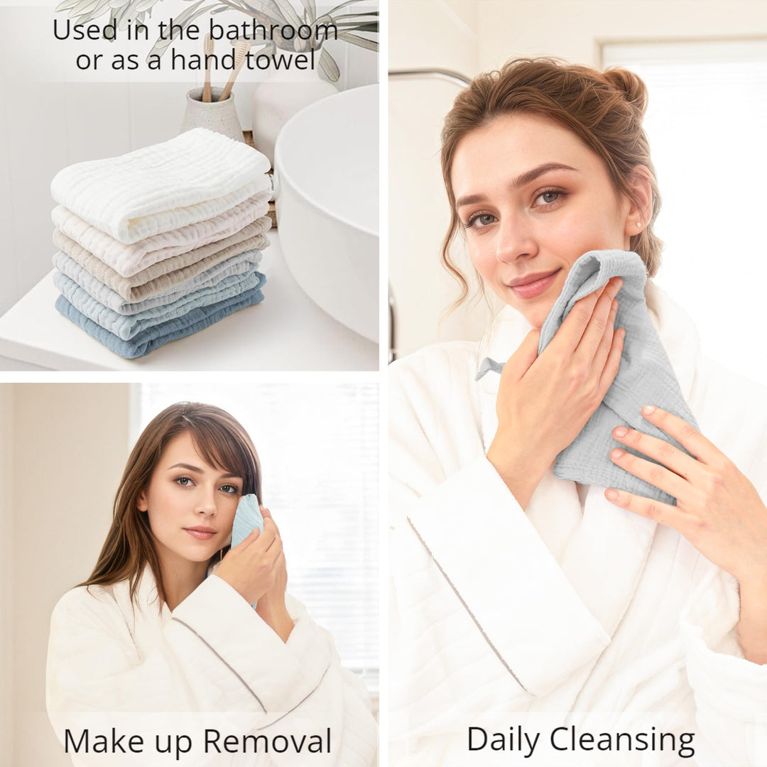 Konssy 6 Pack Face Cloths, 100% Muslin Cotton Wash Cloth for Washing Face 11" x 11" Facial Washcloths for Women, Soft & Reusable, for Sensitive Skin, Makeup Remover Cloths for Daily Cleansing