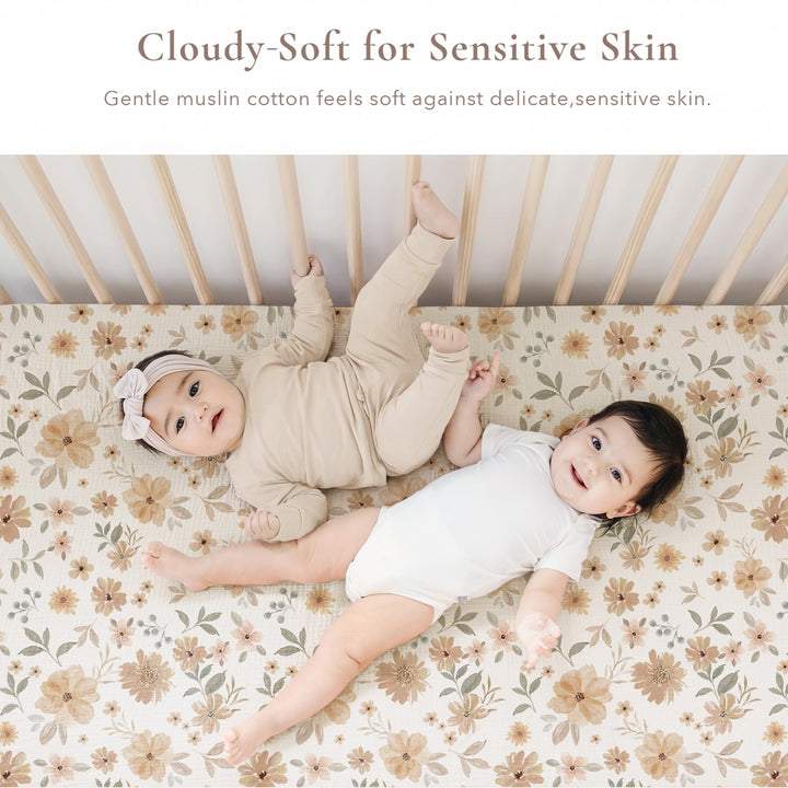 Konssy 2 Pack Muslin Crib Sheets for Standard Crib Mattress, 52" x 28" 100% Cotton, Soft & Breathable, 360° Elastic Snug Fit, Solid & Printed Designs for Baby Girls & Boys