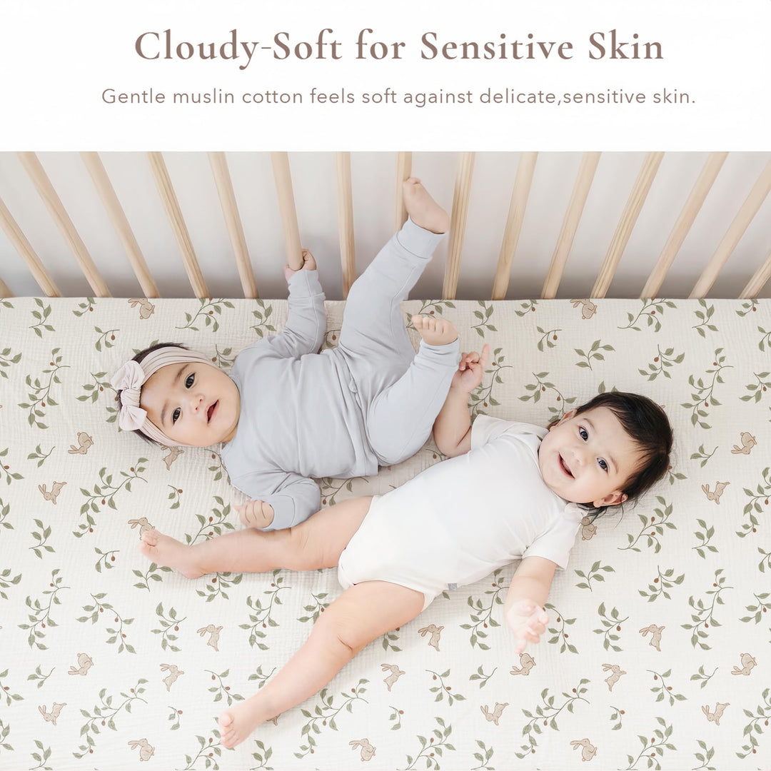 Konssy 2 Pack Muslin Crib Sheets for Standard Crib Mattress, 52" x 28" 100% Cotton, Soft & Breathable, 360° Elastic Snug Fit, Solid & Printed Designs for Baby Girls & Boys