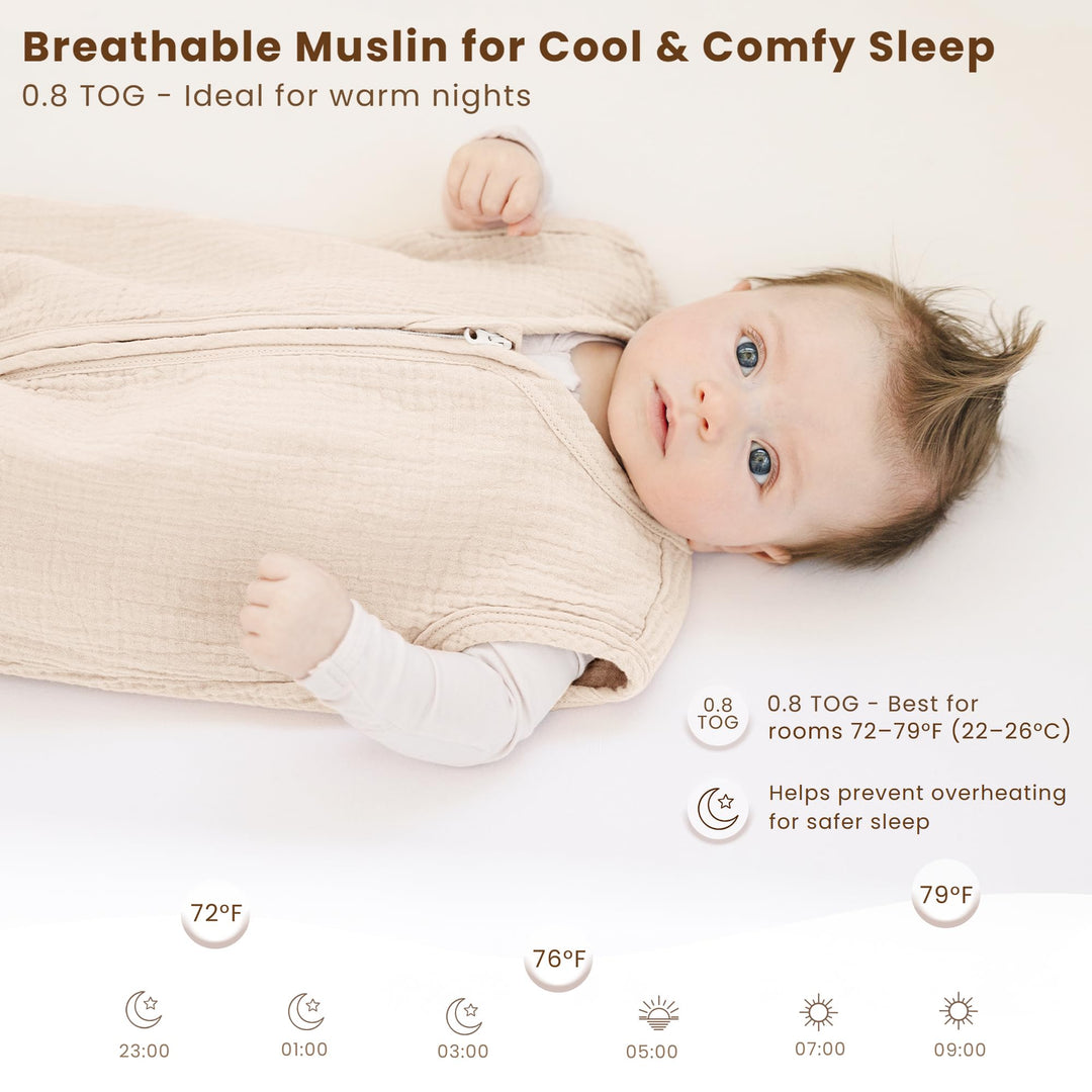 Konssy Muslin Baby Sleep Sack 6-12 Months, 0.8 TOG Baby Wearable Blanket 2 Pack, Two-Way Zipper, 100% Cotton, Soft & Breathable Sleeping Sack, Infants and Toddlers Nursery Essentials