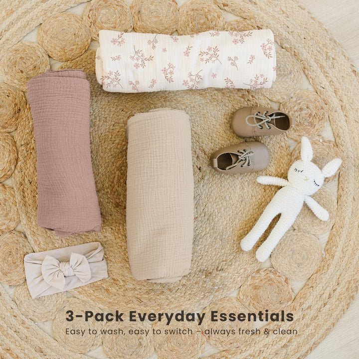 Konssy 3-Pack Muslin Baby Swaddle Blankets, 47 x 47 in Receiving Blankets Large Size, 100% Cotton, Ultra Soft & Breathable, Multi-Use Swaddles for Boys & Girls, from Newborn to Toddler