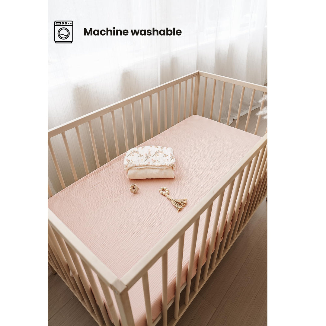 Konssy 2 Pack Muslin Crib Sheets for Standard Crib Mattress, 52" x 28" 100% Cotton, Soft & Breathable, 360° Elastic Snug Fit, Solid & Printed Designs for Baby Girls & Boys