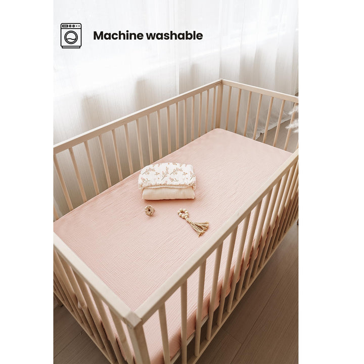 Konssy 2 Pack Muslin Crib Sheets for Standard Crib Mattress, 52" x 28" 100% Cotton, Soft & Breathable, 360° Elastic Snug Fit, Solid & Printed Designs for Baby Girls & Boys
