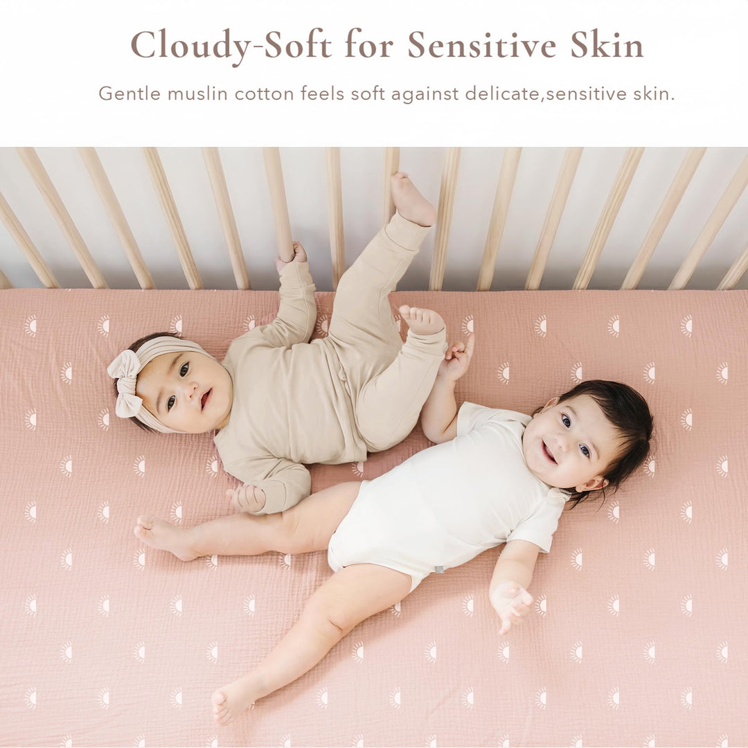 Konssy 2 Pack Muslin Crib Sheets for Standard Crib Mattress, 52" x 28" 100% Cotton, Soft & Breathable, 360° Elastic Snug Fit, Solid & Printed Designs for Baby Girls & Boys