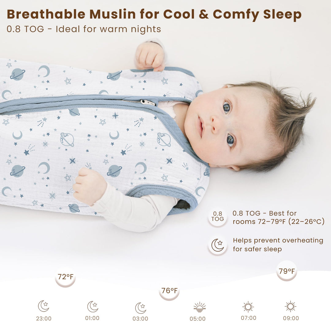 Konssy Muslin Baby Sleep Sack 18-24 Months, 0.8 TOG Baby Wearable Blanket 2 Pack, Two-Way Zipper, 100% Cotton, Soft & Breathable Sleeping Sack, Infants and Toddlers Nursery Essentials
