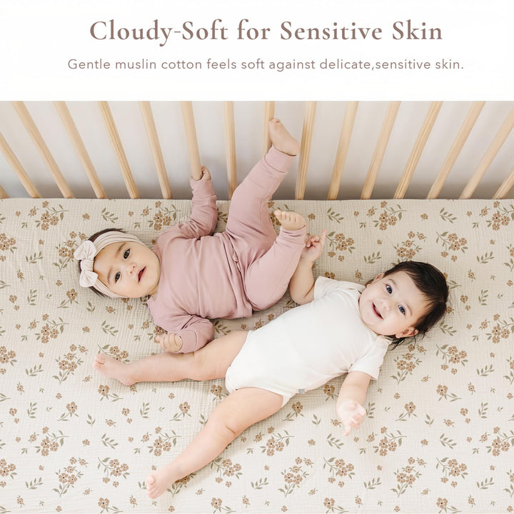 Konssy 2 Pack Muslin Crib Sheets for Standard Crib Mattress, 52" x 28" 100% Cotton, Soft & Breathable, 360° Elastic Snug Fit, Solid & Printed Designs for Baby Girls & Boys