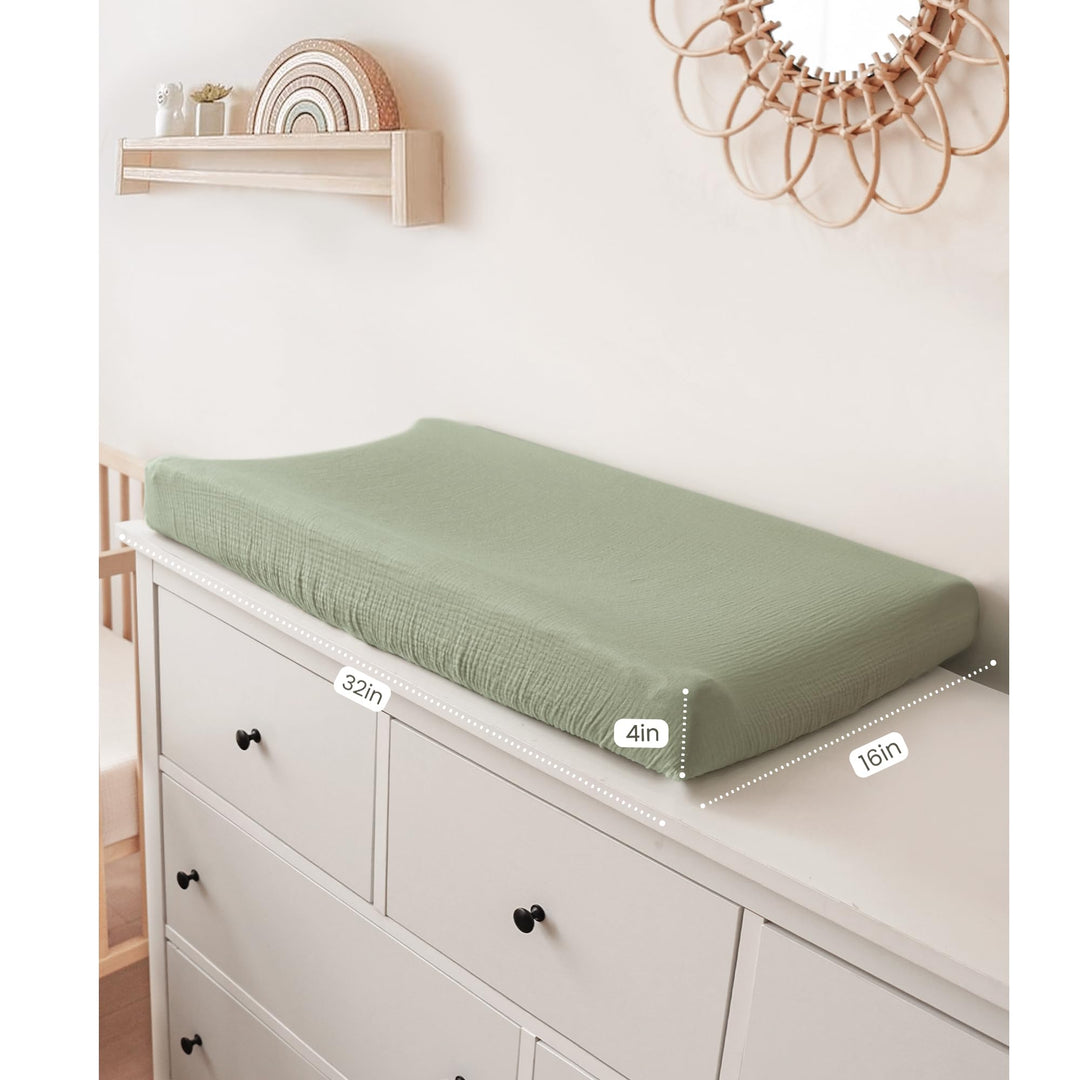 Konssy 100% Cotton Muslin Changing Pad Cover 2 Pack, 32"x16" Standard Fit Ultra Soft & Breathable, Diaper Changing Table Sheets, Neutral Nursery Design, for Baby Boys Girls