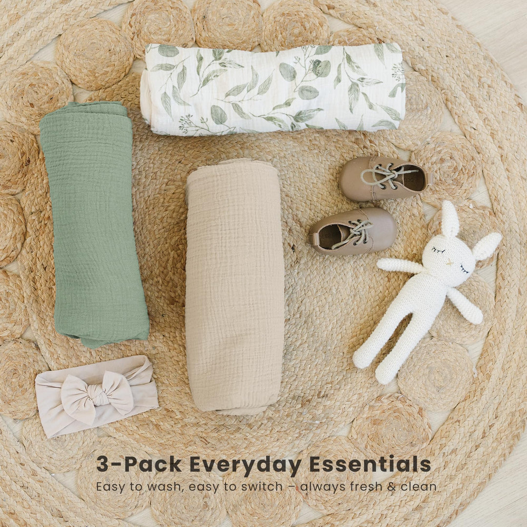 Konssy 3-Pack Muslin Baby Swaddle Blankets, 47 x 47 in Receiving Blankets Large Size, 100% Cotton, Ultra Soft & Breathable, Multi-Use Swaddles for Boys & Girls, from Newborn to Toddler