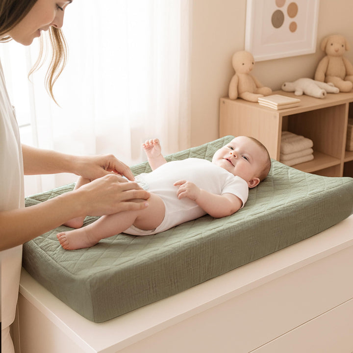 Konssy 2 Pack Quilted Muslin Changing Pad Cover, Waterproof Layer, 32"x16" 100% Cotton Surface, Absorbent & Soft, Fitted Changing Table Sheets, Full Elastic Fit, for Baby Girls & Boys