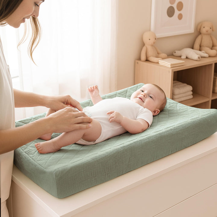 Konssy 2 Pack Quilted Muslin Changing Pad Cover, Waterproof Layer, 32"x16" 100% Cotton Surface, Absorbent & Soft, Fitted Changing Table Sheets, Full Elastic Fit, for Baby Girls & Boys