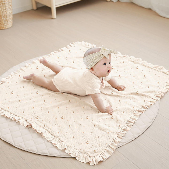 Konssy 100% Cotton Muslin Baby Blanket with Ruffle Trim for Girls, 43"x39" Reversible Design, Ultra Soft & Lightweight, for Swaddling, Crib, Stroller & Nursery Use, from Newborn to Toddler