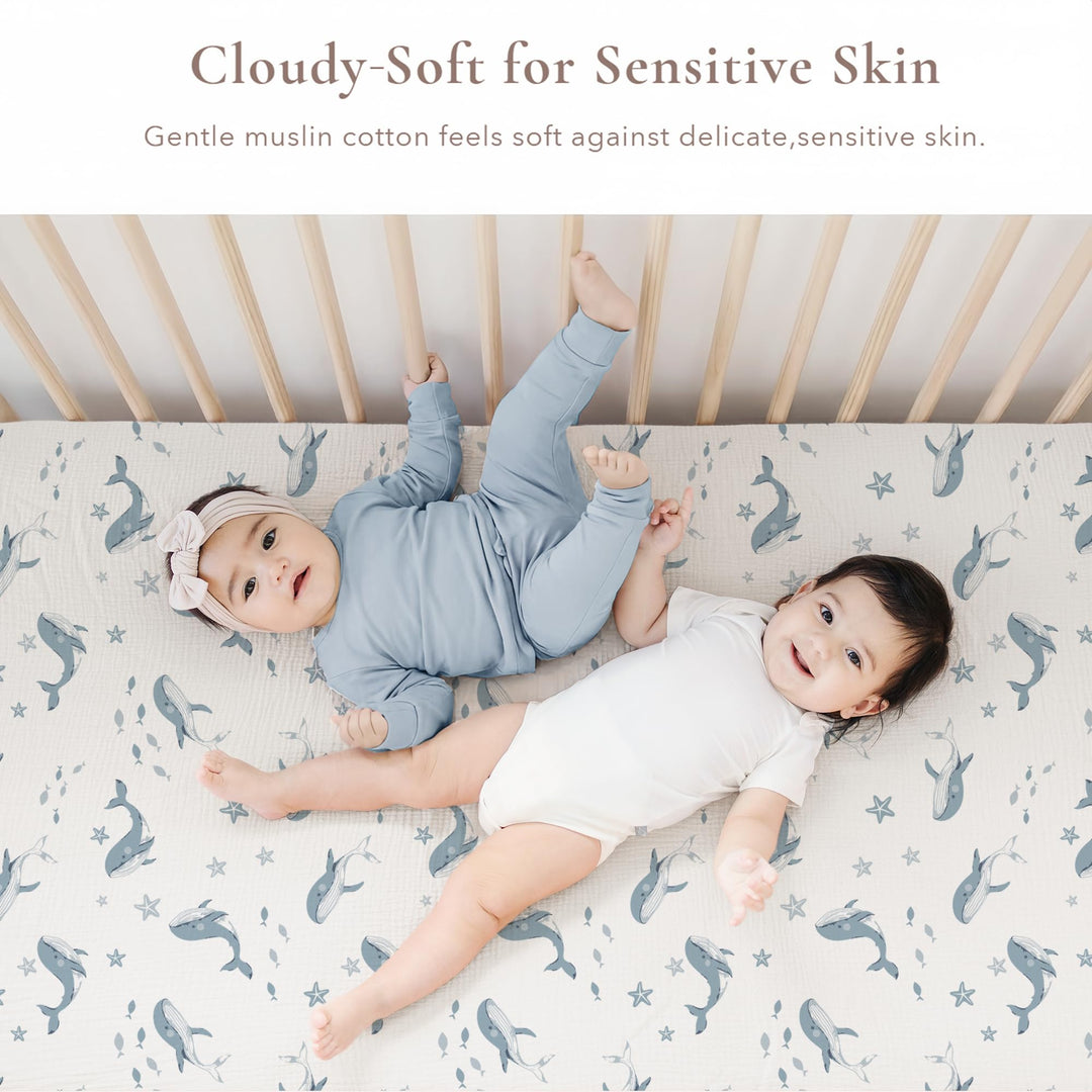 Konssy 2 Pack Muslin Crib Sheets for Standard Crib Mattress, 52" x 28" 100% Cotton, Soft & Breathable, 360° Elastic Snug Fit, Solid & Printed Designs for Baby Girls & Boys