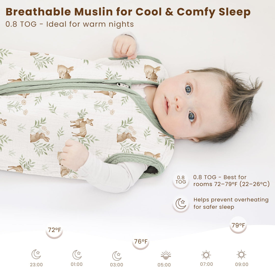 Konssy Muslin Baby Sleep Sack 0-6 Months, 0.8 TOG Baby Wearable Blanket 2 Pack, Two-Way Zipper, 100% Cotton, Soft & Breathable Sleeping Sack, Infants and Toddlers Nursery Essentials