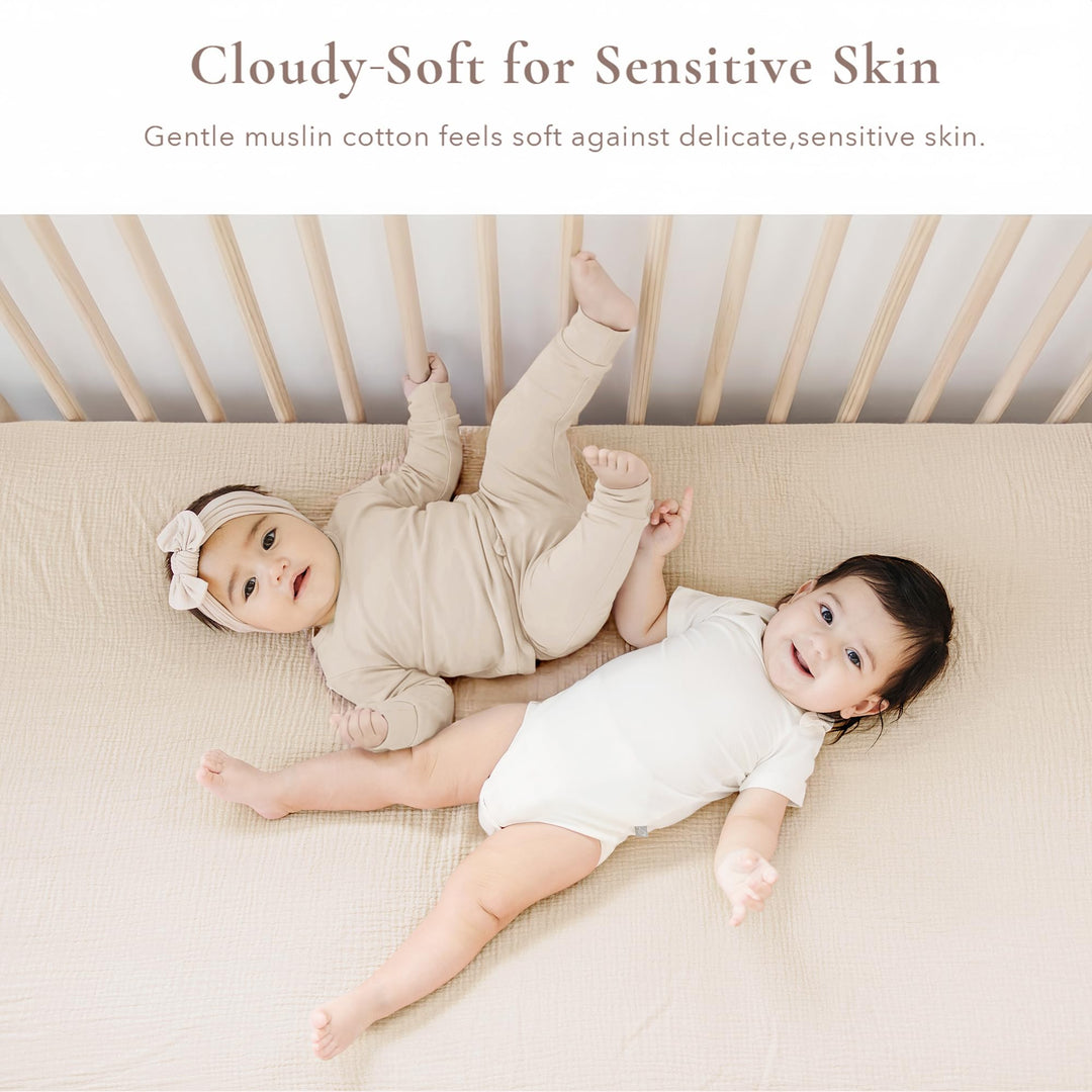 Konssy 2 Pack Muslin Crib Sheets for Standard Crib Mattress, 52" x 28" 100% Cotton, Soft & Breathable, 360° Elastic Snug Fit, Solid & Printed Designs for Baby Girls & Boys