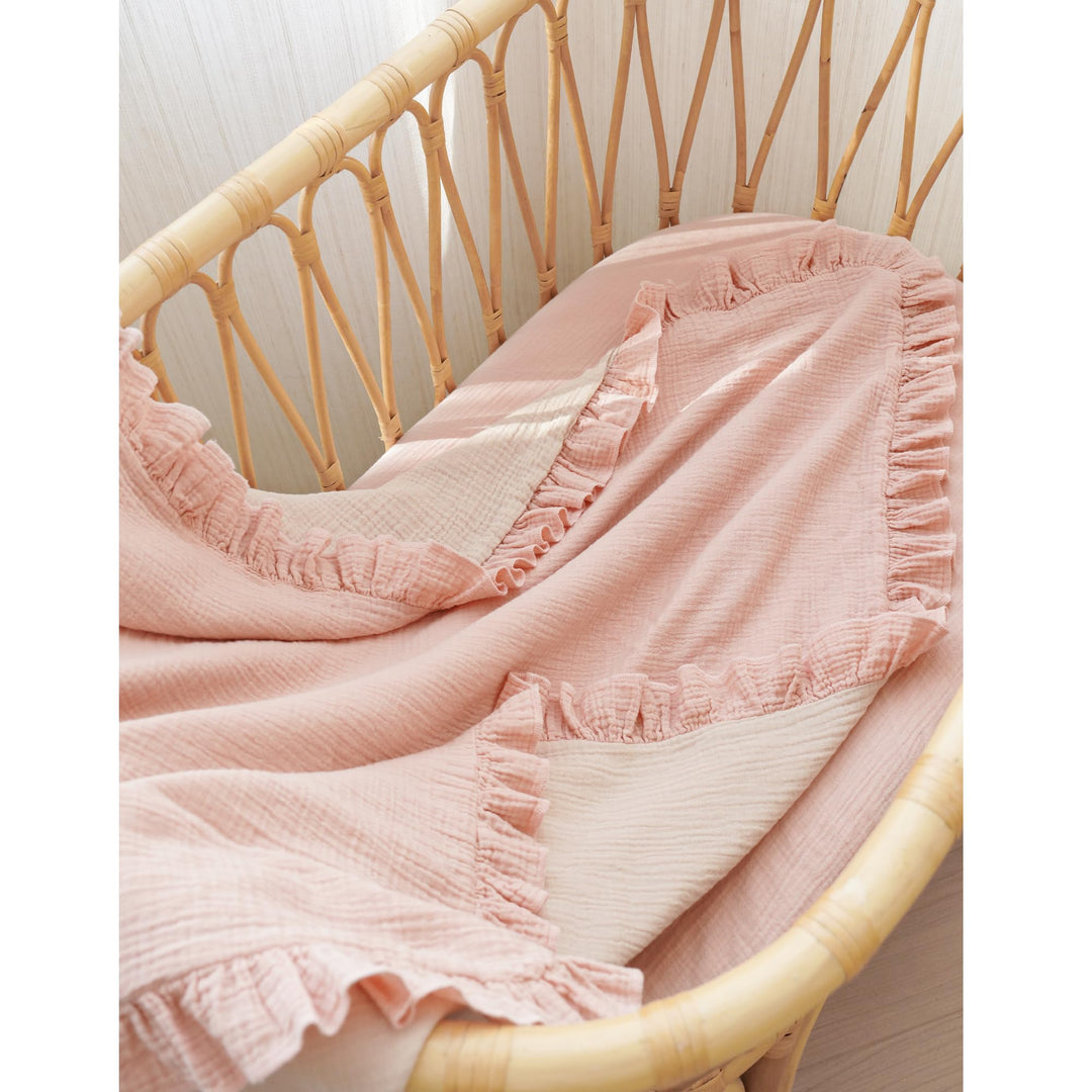 Konssy 100% Cotton Muslin Baby Blanket with Ruffle Trim for Girls, 43"x39" Reversible Design, Ultra Soft & Lightweight, for Swaddling, Crib, Stroller & Nursery Use, from Newborn to Toddler