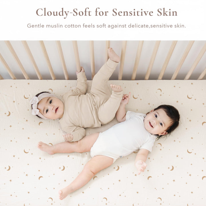 Konssy 2 Pack Muslin Crib Sheets for Standard Crib Mattress, 52" x 28" 100% Cotton, Soft & Breathable, 360° Elastic Snug Fit, Solid & Printed Designs for Baby Girls & Boys