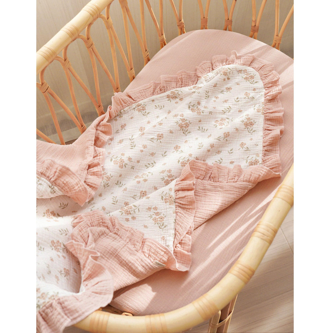 Konssy 100% Cotton Muslin Baby Blanket with Ruffle Trim for Girls, 43"x39" Reversible Design, Ultra Soft & Lightweight, for Swaddling, Crib, Stroller & Nursery Use, from Newborn to Toddler