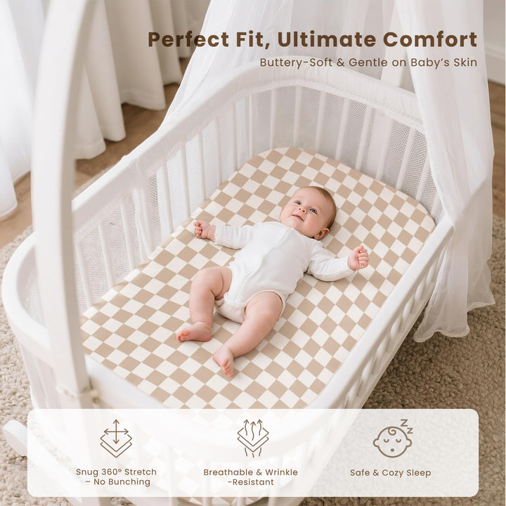 Konssy 3 Pack Stretchy Bassinet Sheets for Baby Girls and Boys, 33"x21" Silky-Soft & Breathable, Bassinet Mattress Sheet, for Baby Delight, Dream on Me, Rectangle Bassinet Sheets