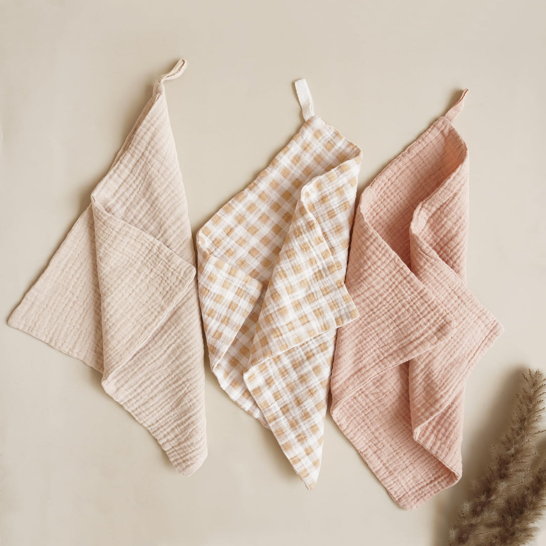 Konssy 7 Pack Muslin Baby Washcloths, Burp Cloths & Wash Cloths for Babies 11 x 11 In, 100% Cotton, Ultra-Soft & Absorbent, Machine Washable, Baby Bath Towels for Newborns, Girls & Boys