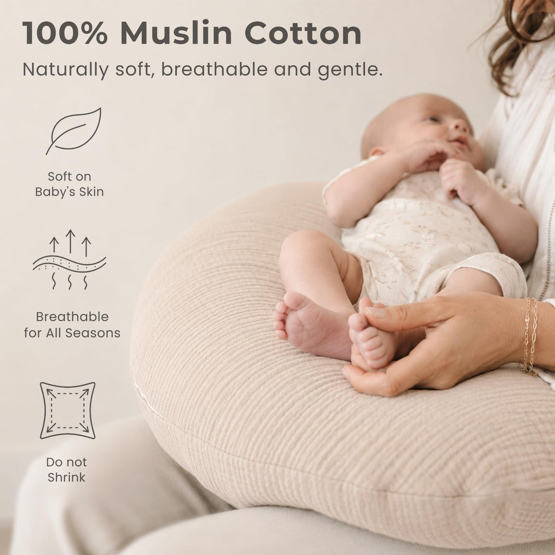 Konssy 2-Pack 100% Cotton Muslin Nursing Pillow Covers, Soft Cover for Baby Covers Only, Breastfeeding Pillows Slipcovers for Baby Boys & Girls, Hidden Zipper, Machine Washable,