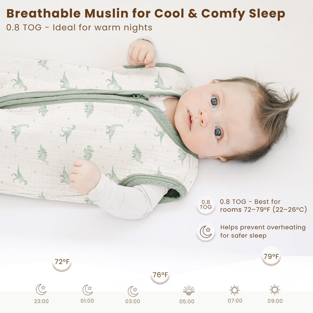 Konssy Muslin Baby Sleep Sack 0-6 Months, 0.8 TOG Baby Wearable Blanket 2 Pack, Two-Way Zipper, 100% Cotton, Soft & Breathable Sleeping Sack, Infants and Toddlers Nursery Essentials