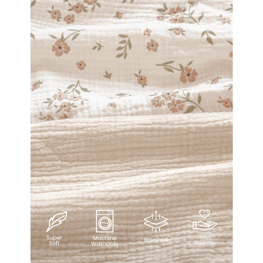 Konssy 2 Pack Muslin Mini Crib Sheets, Fits Pack and Play, 38"x24" 100% Cotton, Soft & Breathable, for Naps & Playtime, Floral & Solid Designs, Machine Washable