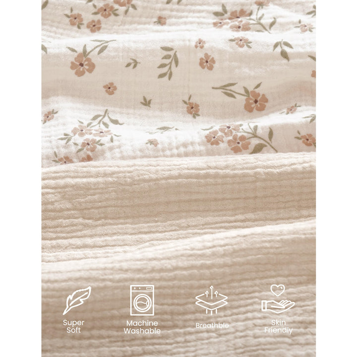 Konssy 2 Pack Muslin Mini Crib Sheets, Fits Pack and Play, 38"x24" 100% Cotton, Soft & Breathable, for Naps & Playtime, Floral & Solid Designs, Machine Washable