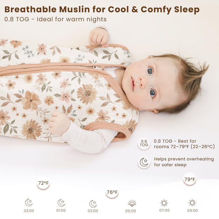 Konssy Muslin Baby Sleep Sack 0-6 Months, 0.8 TOG Baby Wearable Blanket 2 Pack, Two-Way Zipper, 100% Cotton, Soft & Breathable Sleeping Sack, Infants and Toddlers Nursery Essentials