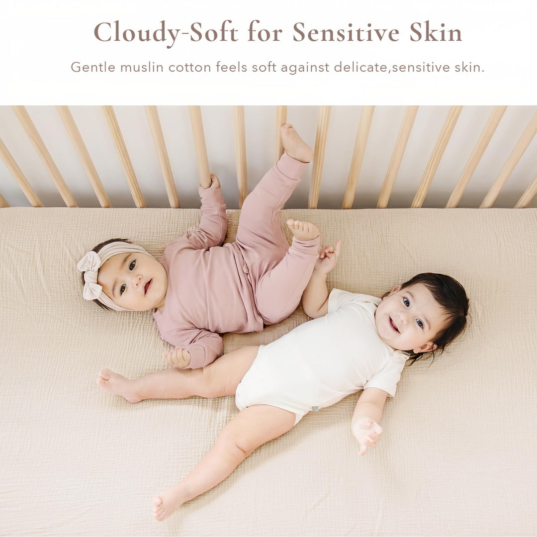 Konssy 2 Pack Muslin Crib Sheets for Standard Crib Mattress, 52" x 28" 100% Cotton, Soft & Breathable, 360° Elastic Snug Fit, Solid & Printed Designs for Baby Girls & Boys