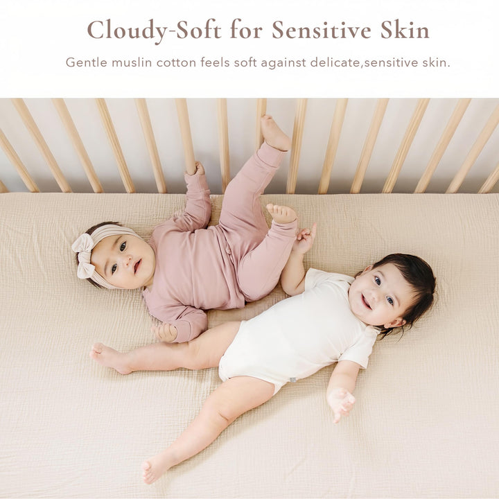 Konssy 2 Pack Muslin Crib Sheets for Standard Crib Mattress, 52" x 28" 100% Cotton, Soft & Breathable, 360° Elastic Snug Fit, Solid & Printed Designs for Baby Girls & Boys