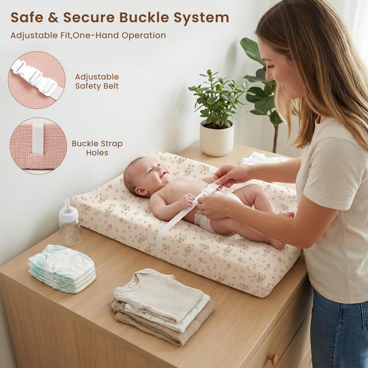 Konssy Baby Changing Pad Set with Waterproof Lining & 2 Pack Muslin Covers Soft Foam Support, Contoured Sides, Non-Slip Base & Safety Belt, Diaper Changing Pad for Dresser, 32" x 16"