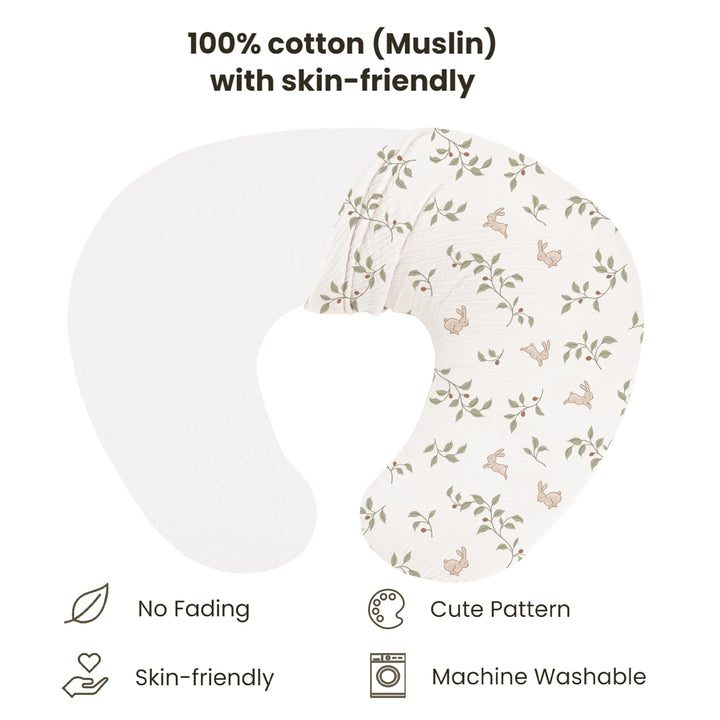 Konssy 2-Pack 100% Cotton Muslin Nursing Pillow Covers, Soft Cover for Baby Covers Only, Breastfeeding Pillows Slipcovers for Baby Boys & Girls, Hidden Zipper, Machine Washable,