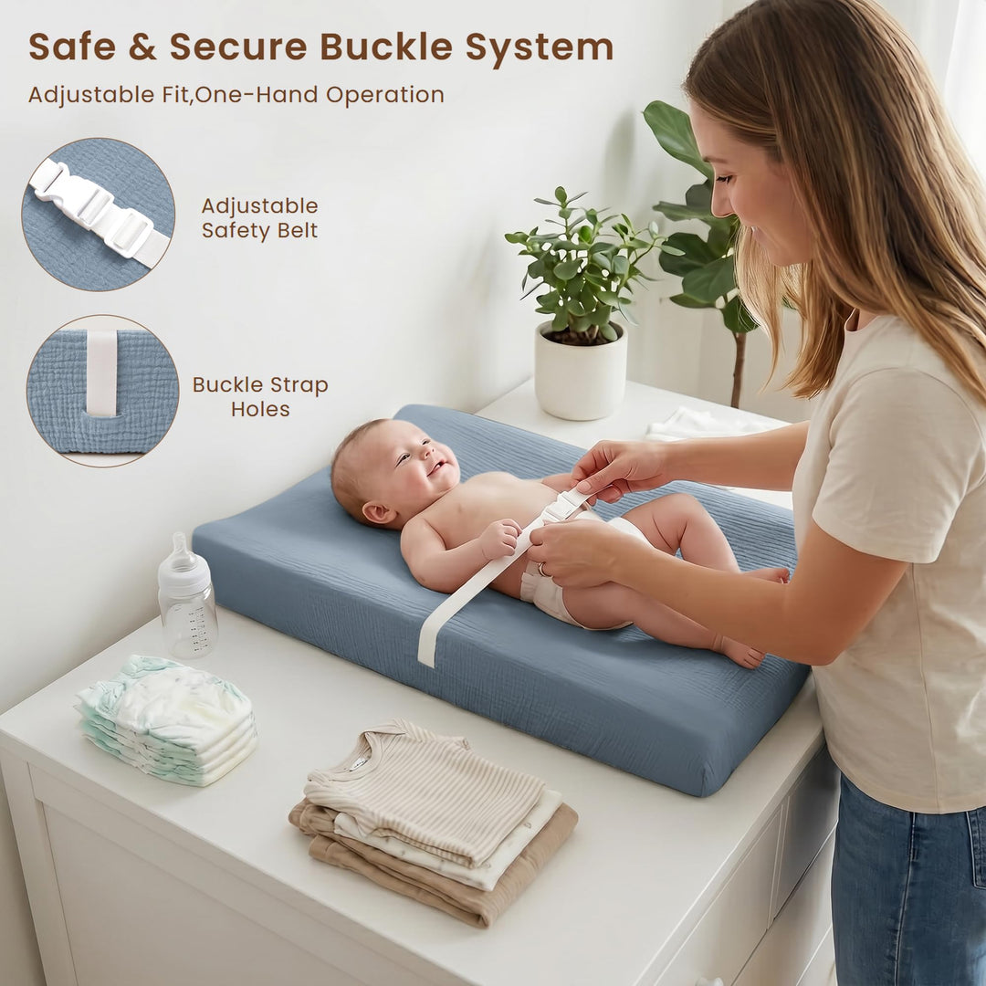 Konssy Baby Changing Pad Set with Waterproof Lining & 2 Pack Muslin Covers Soft Foam Support, Contoured Sides, Non-Slip Base & Safety Belt, Diaper Changing Pad for Dresser, 32" x 16"