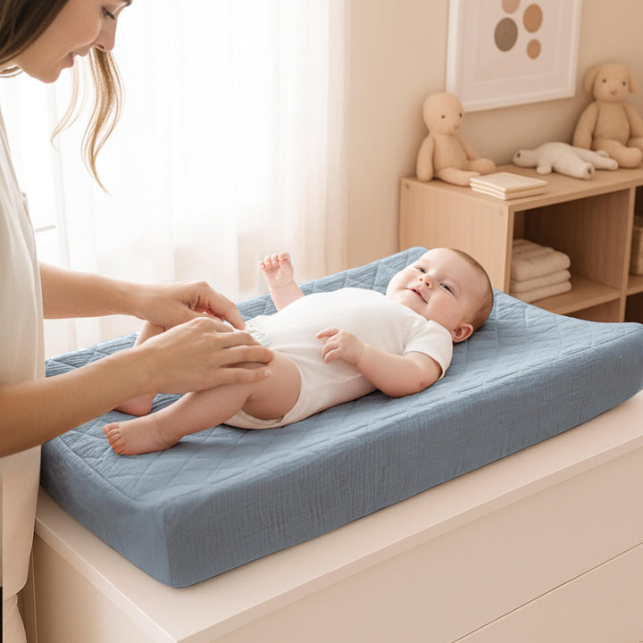 Konssy 2 Pack Quilted Muslin Changing Pad Cover, Waterproof Layer, 32"x16" 100% Cotton Surface, Absorbent & Soft, Fitted Changing Table Sheets, Full Elastic Fit, for Baby Girls & Boys