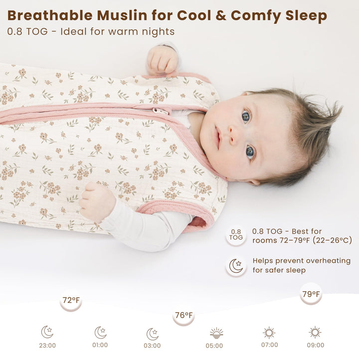 Konssy Muslin Baby Sleep Sack 12-18 Months, 0.8 TOG Baby Wearable Blanket 2 Pack, Two-Way Zipper, 100% Cotton, Soft & Breathable Sleeping Sack, Infants and Toddlers Nursery Essentials