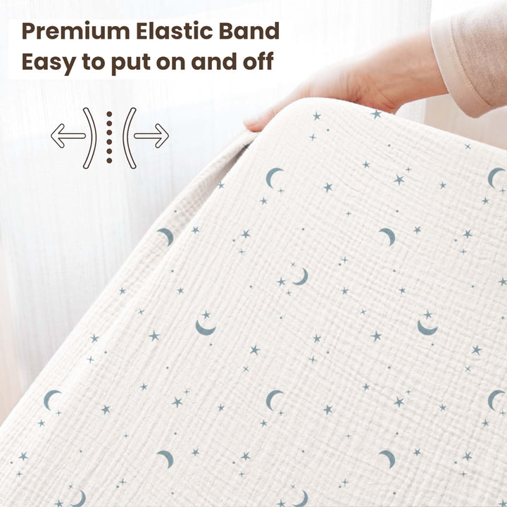 Konssy 2 Pack Muslin Crib Sheets for Baby Boys & Girls, 52" x 28" Fits Standard Crib Mattress, Premium 100% Cotton, Soft & Breathable, Neutral Design, 360° Full Elastic Fit