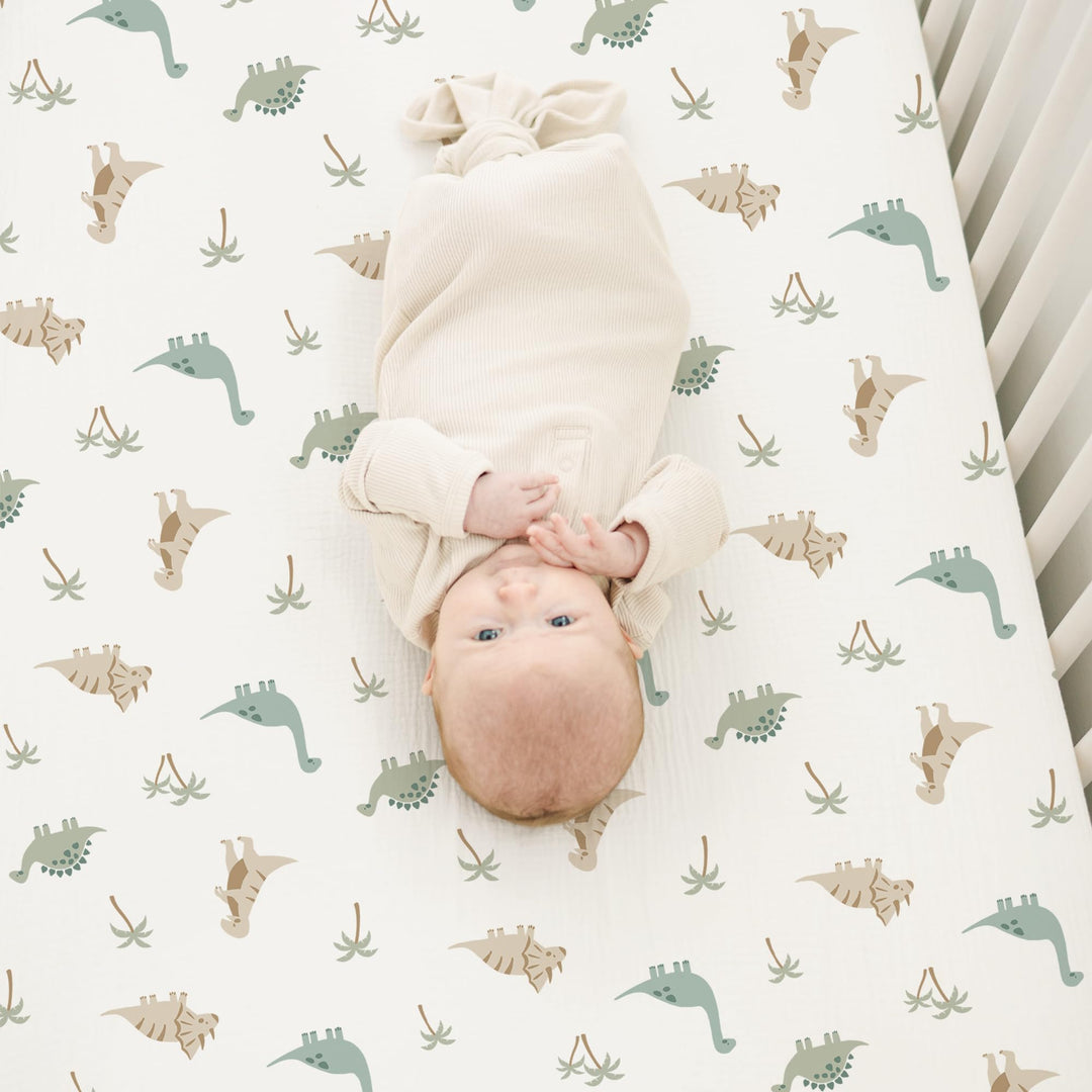 Konssy 2 Pack Muslin Crib Sheets for Baby Boys & Girls, 52" x 28" Fits Standard Crib Mattress, Premium 100% Cotton, Soft & Breathable, Neutral Design, 360° Full Elastic Fit