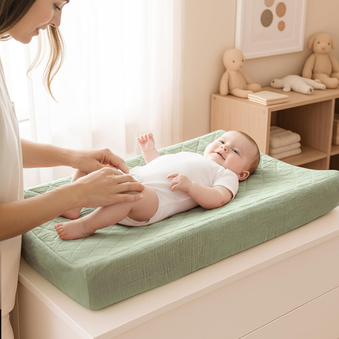 Konssy 2 Pack Quilted Muslin Changing Pad Cover, Waterproof Layer, 32"x16" 100% Cotton Surface, Absorbent & Soft, Fitted Changing Table Sheets, Full Elastic Fit, for Baby Girls & Boys