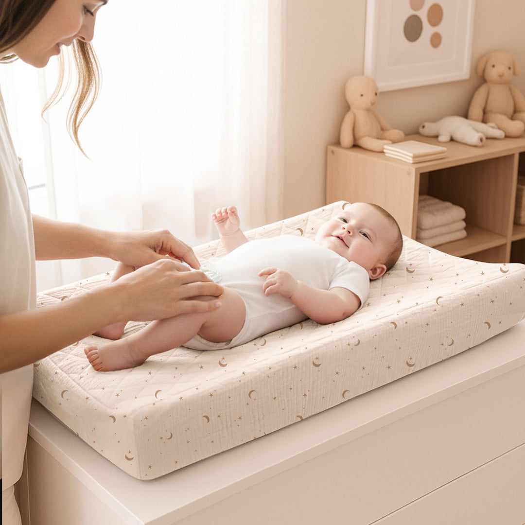 Konssy 2 Pack Quilted Muslin Changing Pad Cover, Waterproof Layer, 32"x16" 100% Cotton Surface, Absorbent & Soft, Fitted Changing Table Sheets, Full Elastic Fit, for Baby Girls & Boys