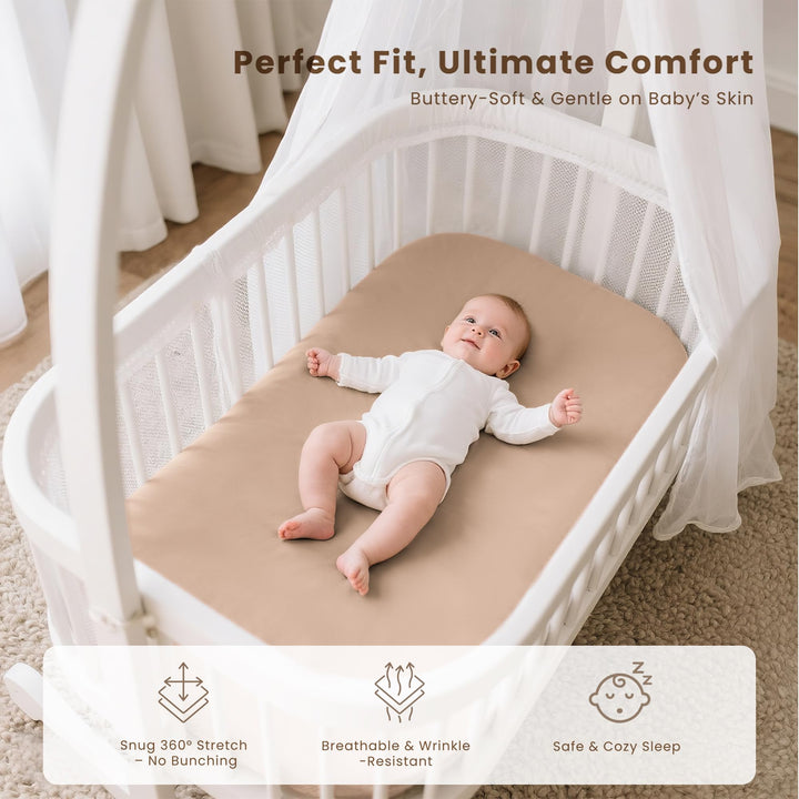 Konssy 3 Pack Stretchy Bassinet Sheets for Baby Girls and Boys, 33"x21" Silky-Soft & Breathable, Bassinet Mattress Sheet, for Baby Delight, Dream on Me, Rectangle Bassinet Sheets