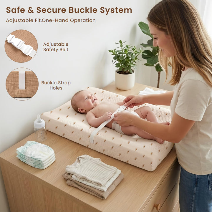 Konssy Baby Changing Pad Set with Waterproof Lining & 2 Pack Muslin Covers Soft Foam Support, Contoured Sides, Non-Slip Base & Safety Belt, Diaper Changing Pad for Dresser, 32" x 16"