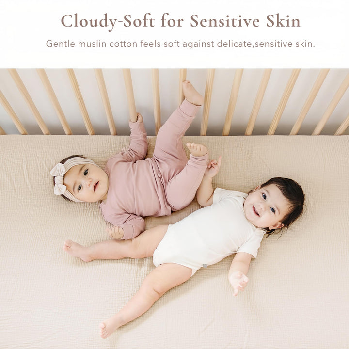 Konssy 2 Pack Muslin Crib Sheets for Standard Crib Mattress, 52" x 28" 100% Cotton, Soft & Breathable, 360° Elastic Snug Fit, Solid & Printed Designs for Baby Girls & Boys