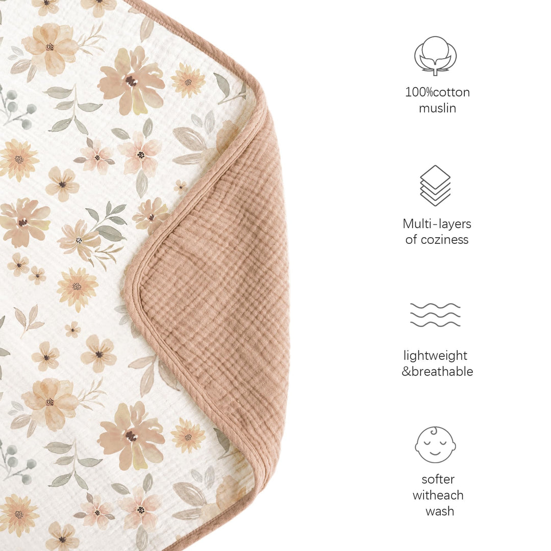 Konssy 100% Cotton Muslin Baby Blanket for Girls Boys, 40"x36" Soft & Lightweight, 4-Layer Muslin, for Receiving, Swaddling, Crib, Stroller & Nursery, Newborn to Toddler