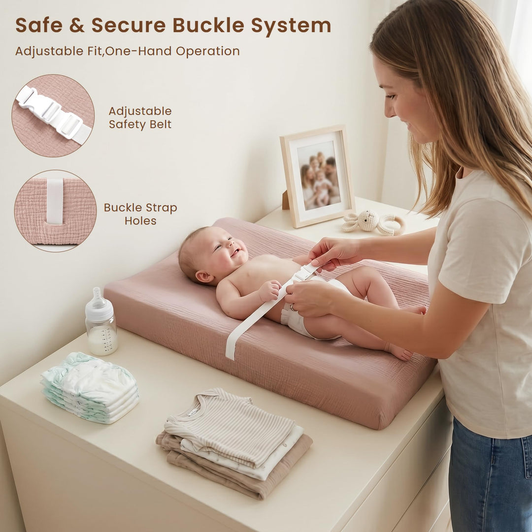 Konssy Baby Changing Pad Set with Waterproof Lining & 2 Pack Muslin Covers Soft Foam Support, Contoured Sides, Non-Slip Base & Safety Belt, Diaper Changing Pad for Dresser, 32" x 16"