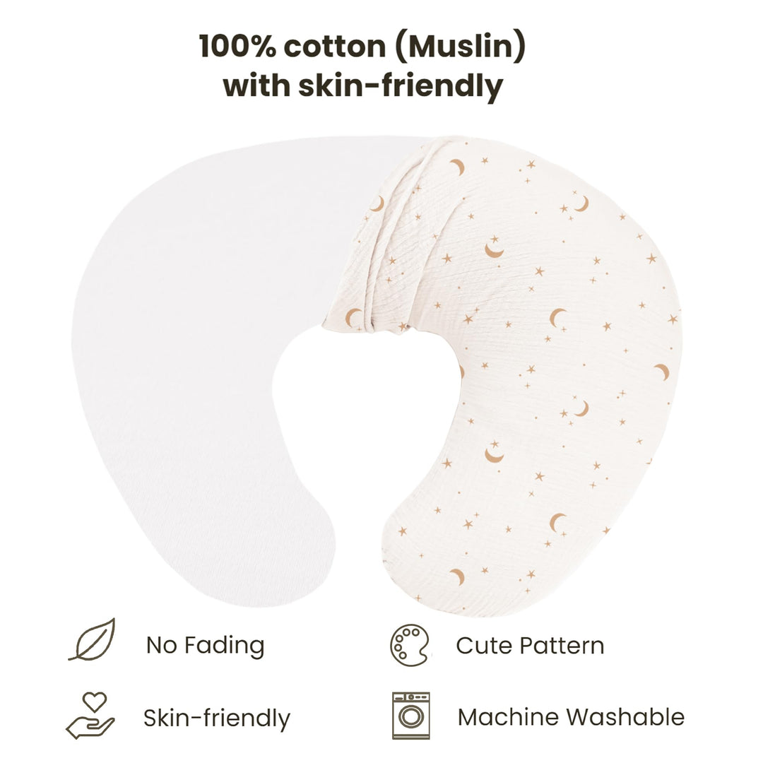 Konssy 2-Pack 100% Cotton Muslin Nursing Pillow Covers, Soft Cover for Baby Covers Only, Breastfeeding Pillows Slipcovers for Baby Boys & Girls, Hidden Zipper, Machine Washable,