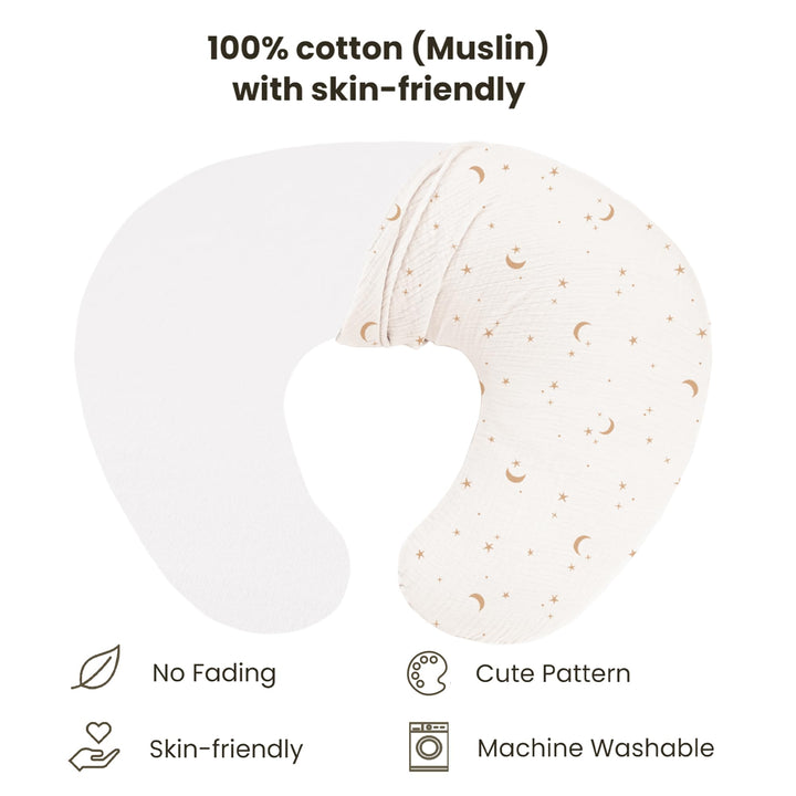 Konssy 2-Pack 100% Cotton Muslin Nursing Pillow Covers, Soft Cover for Baby Covers Only, Breastfeeding Pillows Slipcovers for Baby Boys & Girls, Hidden Zipper, Machine Washable,