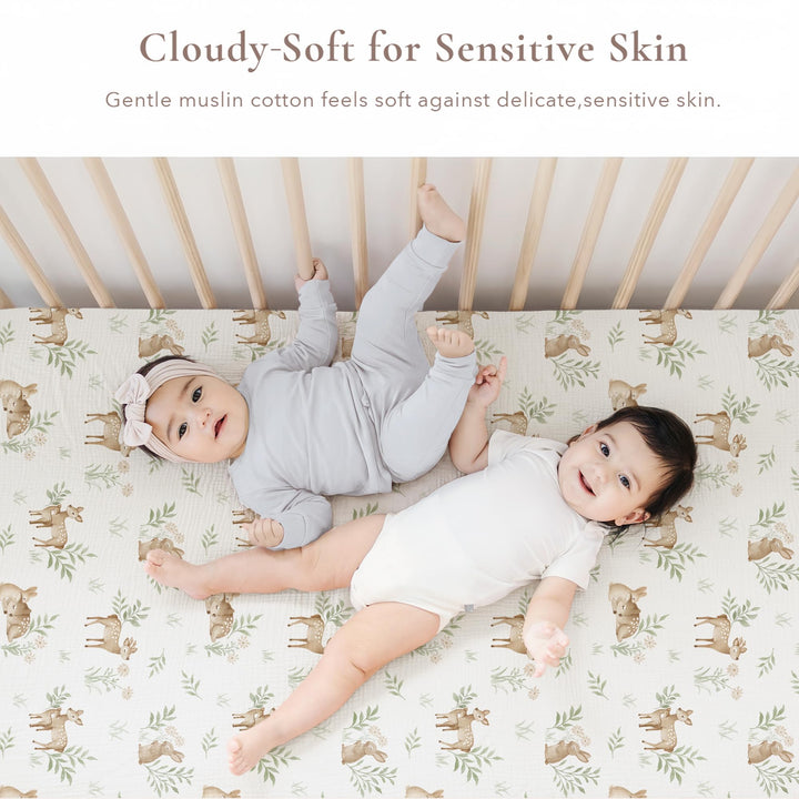 Konssy 2 Pack Muslin Crib Sheets for Standard Crib Mattress, 52" x 28" 100% Cotton, Soft & Breathable, 360° Elastic Snug Fit, Solid & Printed Designs for Baby Girls & Boys