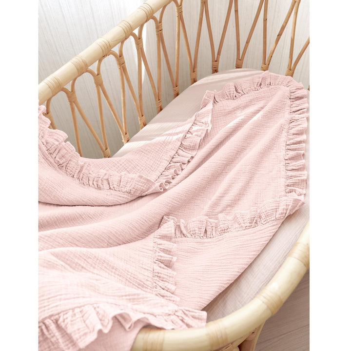 Konssy 100% Cotton Muslin Baby Blanket with Ruffle Trim for Girls, 43"x39" Reversible Design, Ultra Soft & Lightweight, for Swaddling, Crib, Stroller & Nursery Use, from Newborn to Toddler